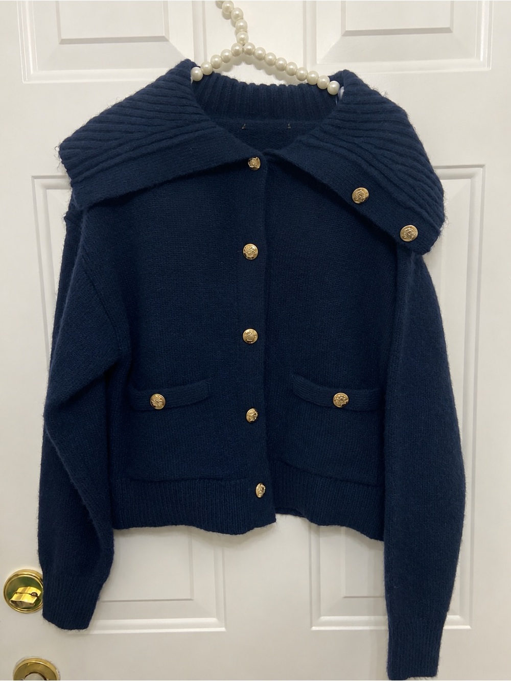 Navy Blue Knit Cardigan with Gold Buttons